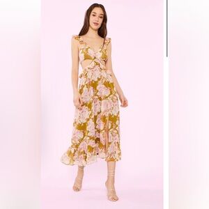 LIKLEY Katerina Dress olive oil and pink floral v neck ruffle dress size 8 NWT